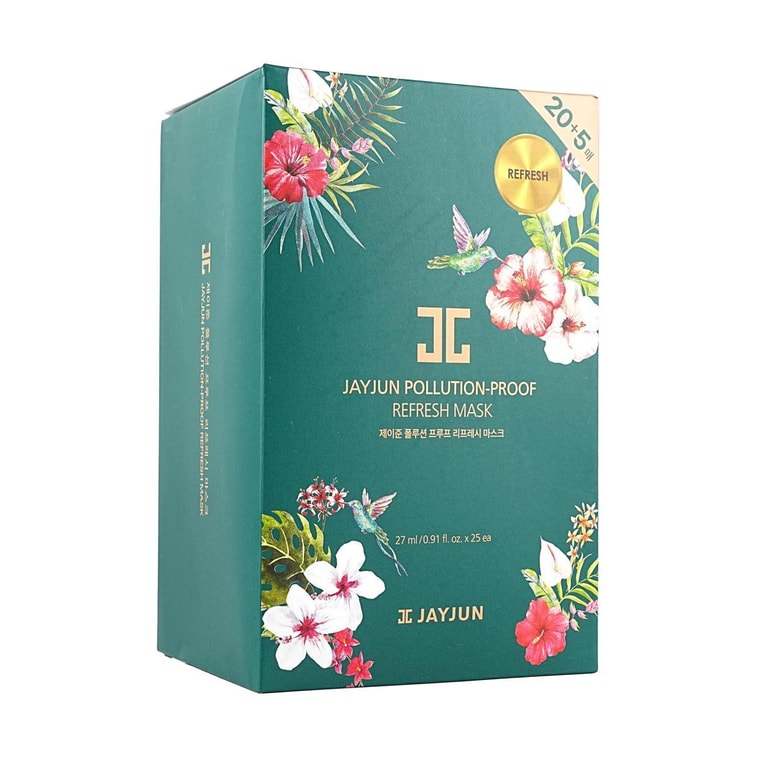 JAYJUN Pollution-Proof Refresh Mask green box marked 20 + 5, 27 ml x 25 sheets.