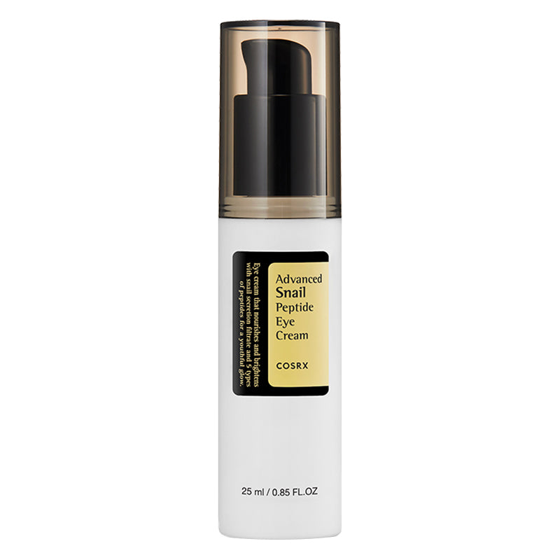 COSRX Advanced Snail Peptide Eye Cream in a white pump bottle with a yellow label on a white background.