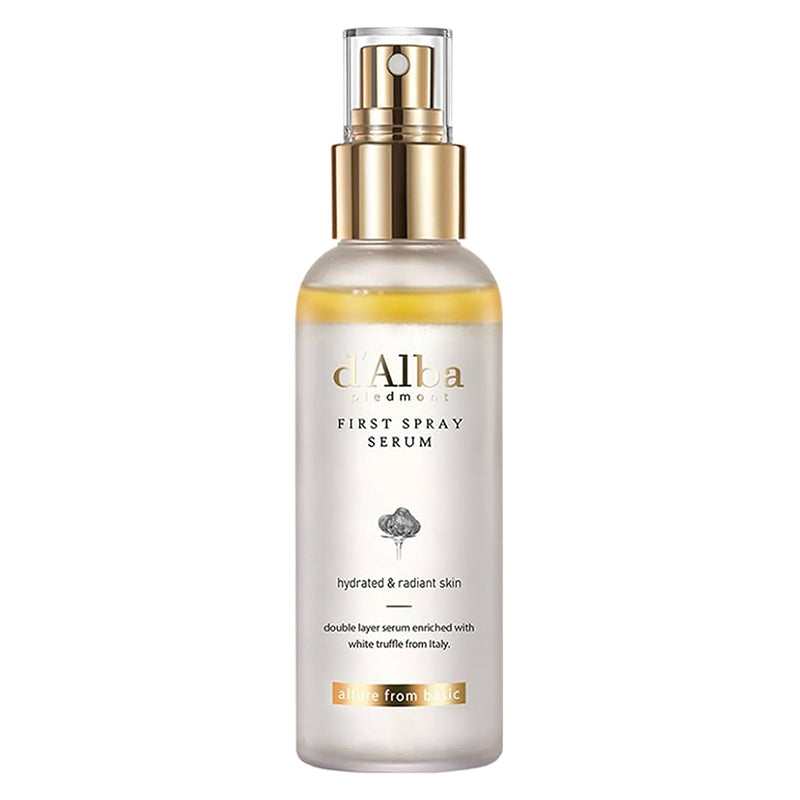 d’Alba White Truffle First Spray Serum in a clear bottle with a gold spray nozzle on a white background.