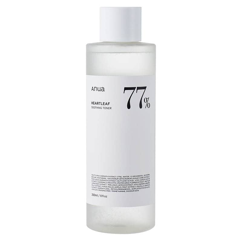 Anua Heartleaf 77% Soothing Toner bottle with a white cap on a white background.